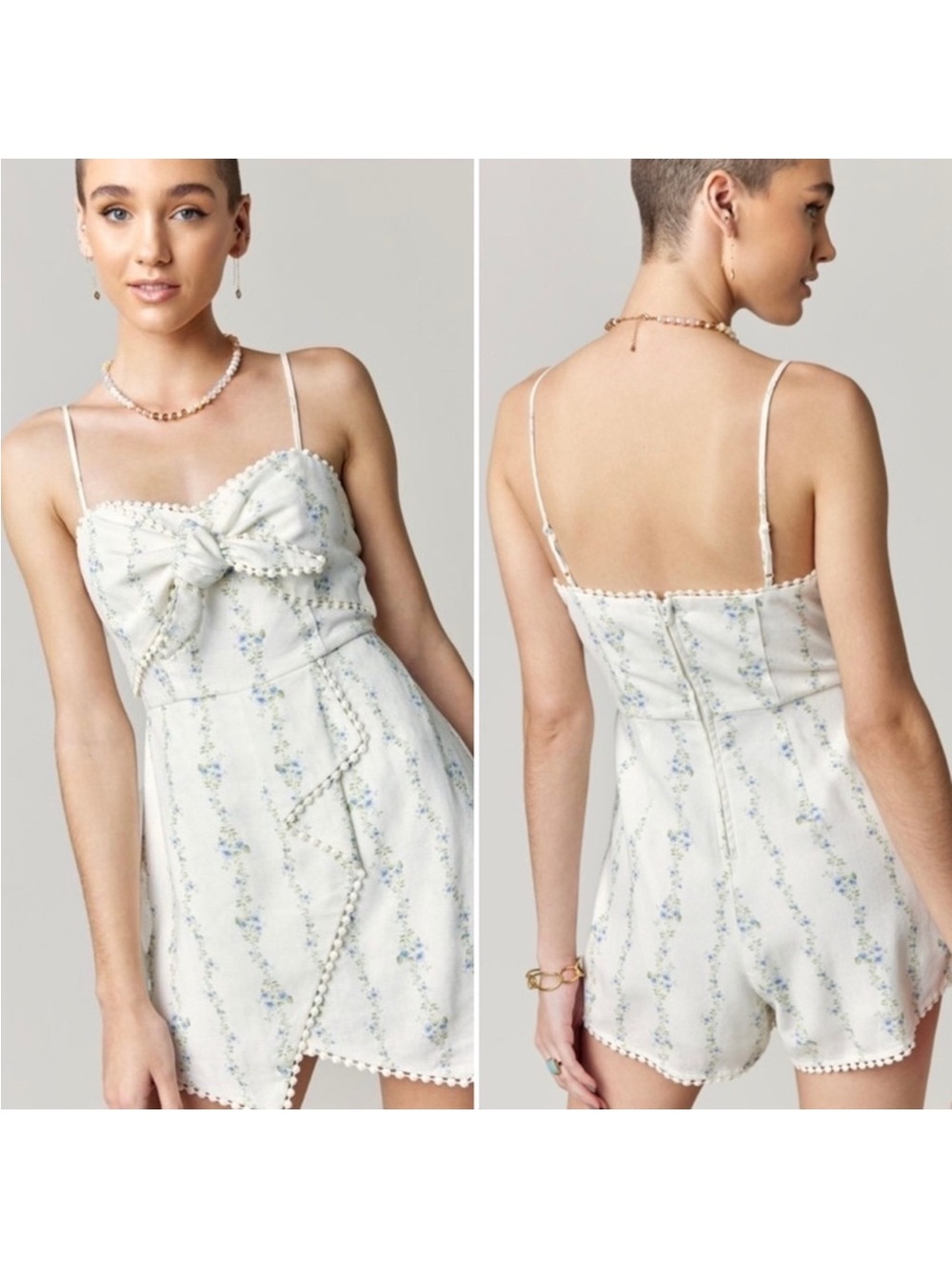 Mi Ami tie front floral print romper white with blue green